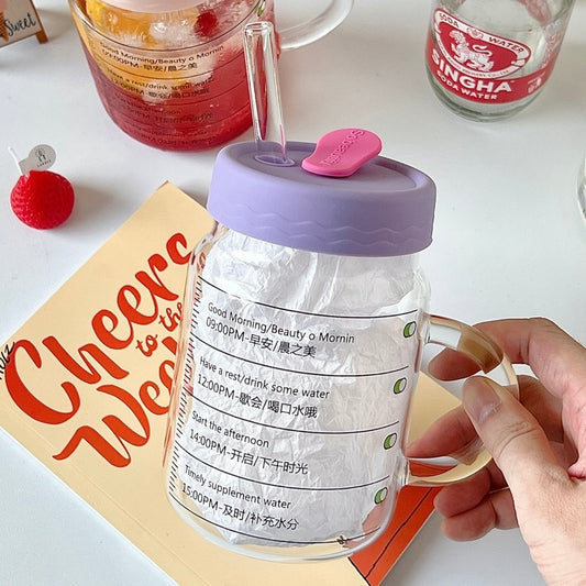 Time-Marked Glass Cup with Lid and Straw, 800ML Capacity