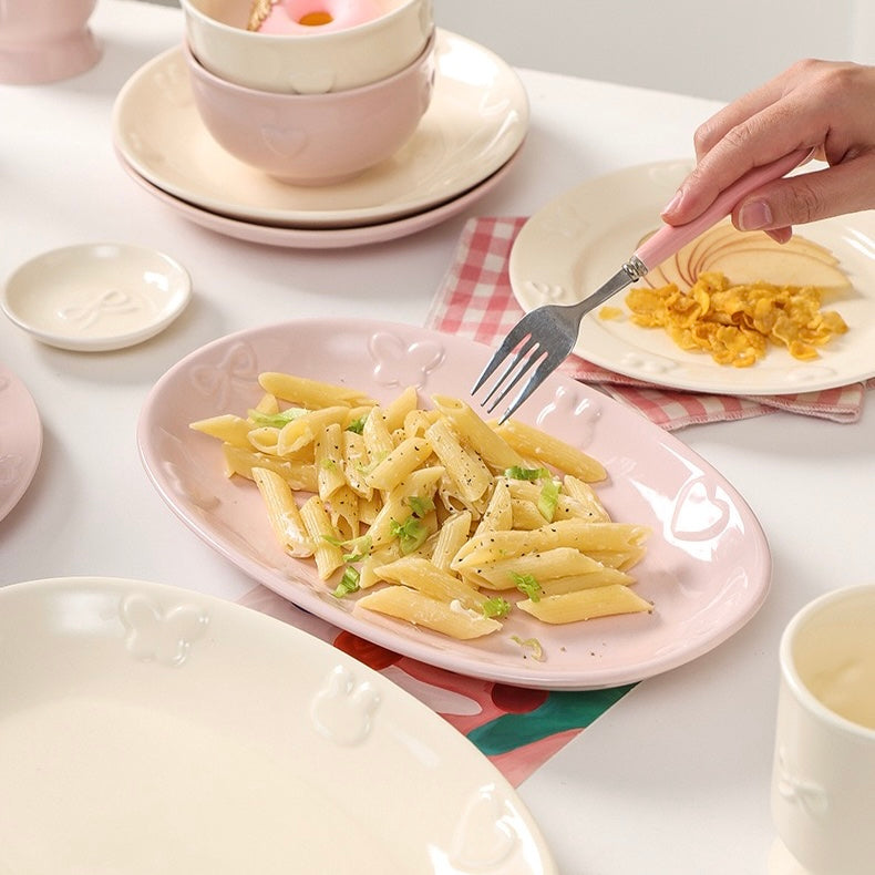 Embossed Bunny Ceramic Dinnerware Set | Pastel Pink & Cream White Tableware