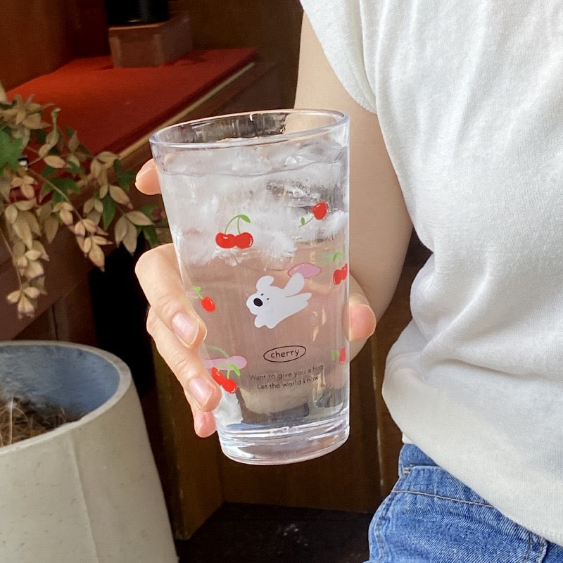 Cherry & Blueberry Puppy Glass Mug – Cute 450ml Large Capacity Drinking Cup