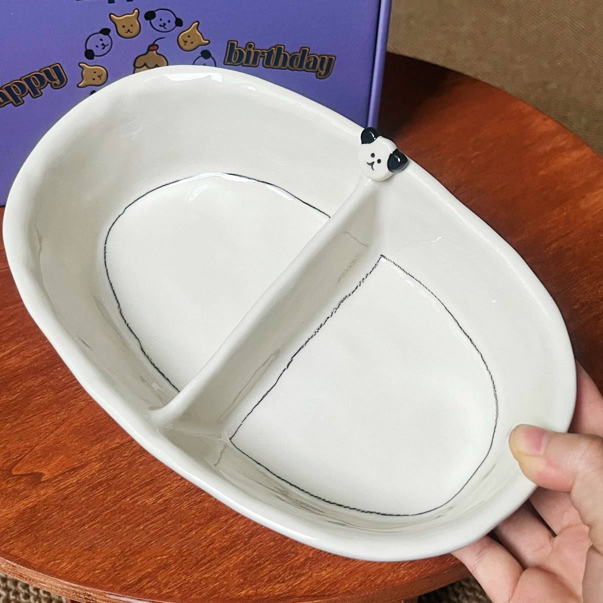 Hand-Painted Button Puppy Ceramic Divided Plate, 9.4-Inch