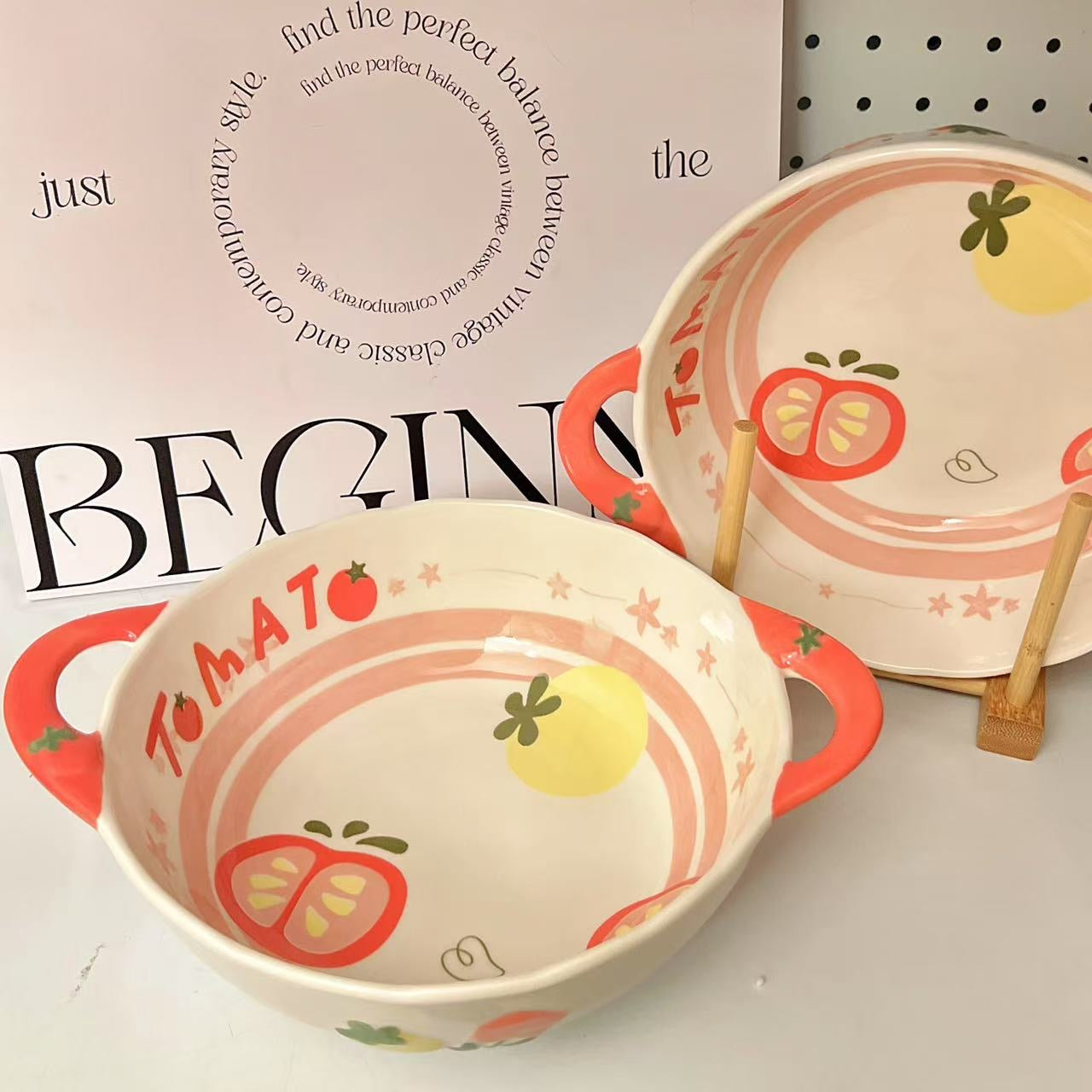 Tomato Double-Handle Ceramic Bowl | Adorable Ramen & Salad Bowl, 1050ML Large Capacity