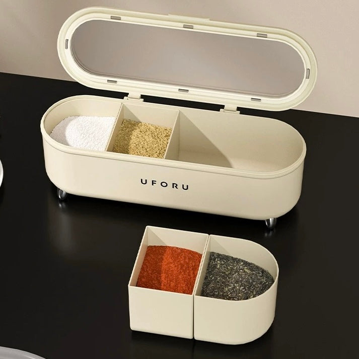 Creamy White Seasoning Storage Box| Food-Grade PP Plastic - 4-Compartment Organizer with Lid and Spoons
