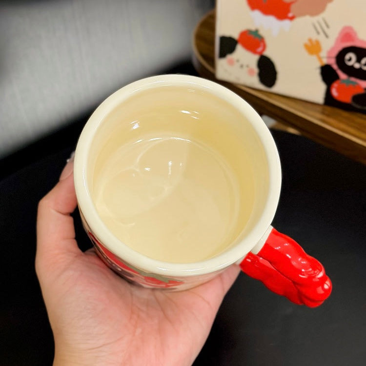 Tomato Lid Ceramic Mug with Cute Animal Design – 350ML