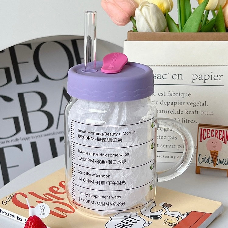 Time-Marked Glass Cup with Lid and Straw, 800ML Capacity