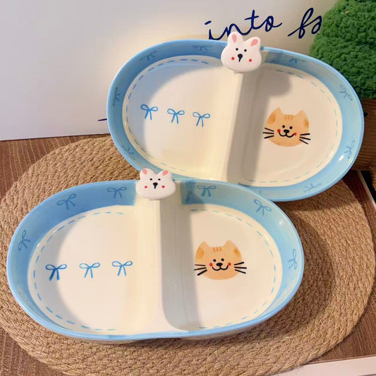 Hand-Painted Bow Bunny Ceramic Divided Plate, 10-Inch