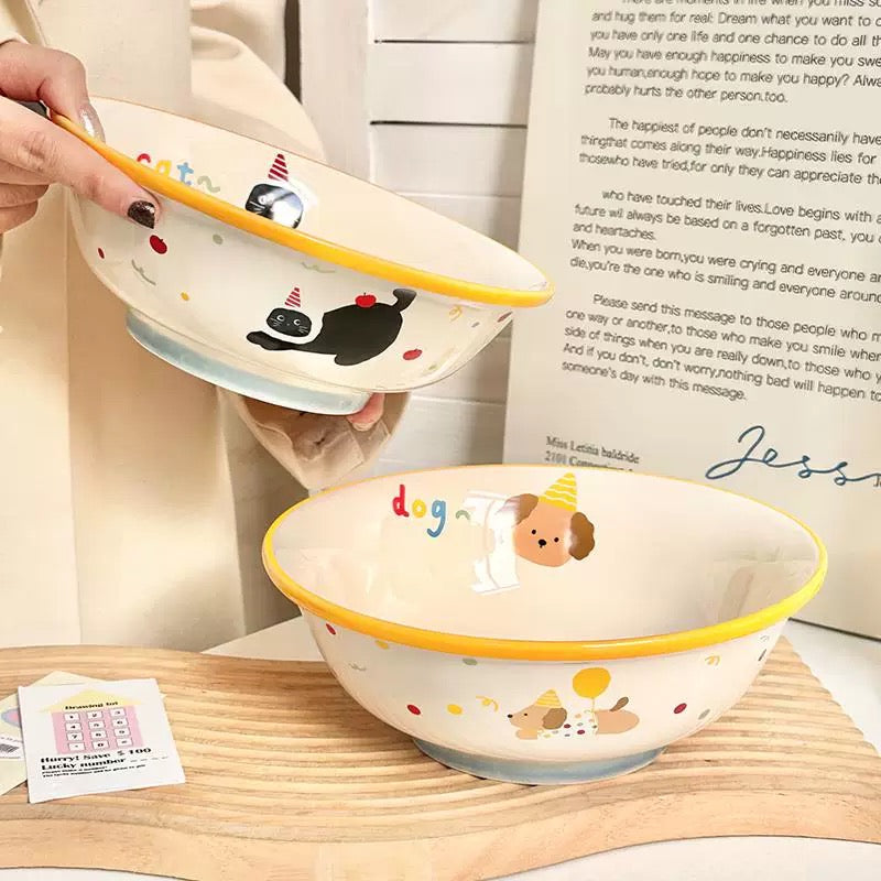 Cat & Dog Party Ceramic Ramen Bowl – 1000ML