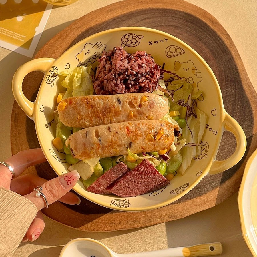 Lemon Cat Double-Handle Ceramic Bowl with Spoon | 800ml Salad & Pasta Bowl