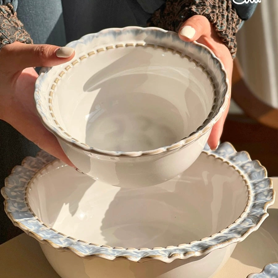 Vintage Smoky Blue Series Dinnerware Set – Rustic Ceramic Plates & Bowls