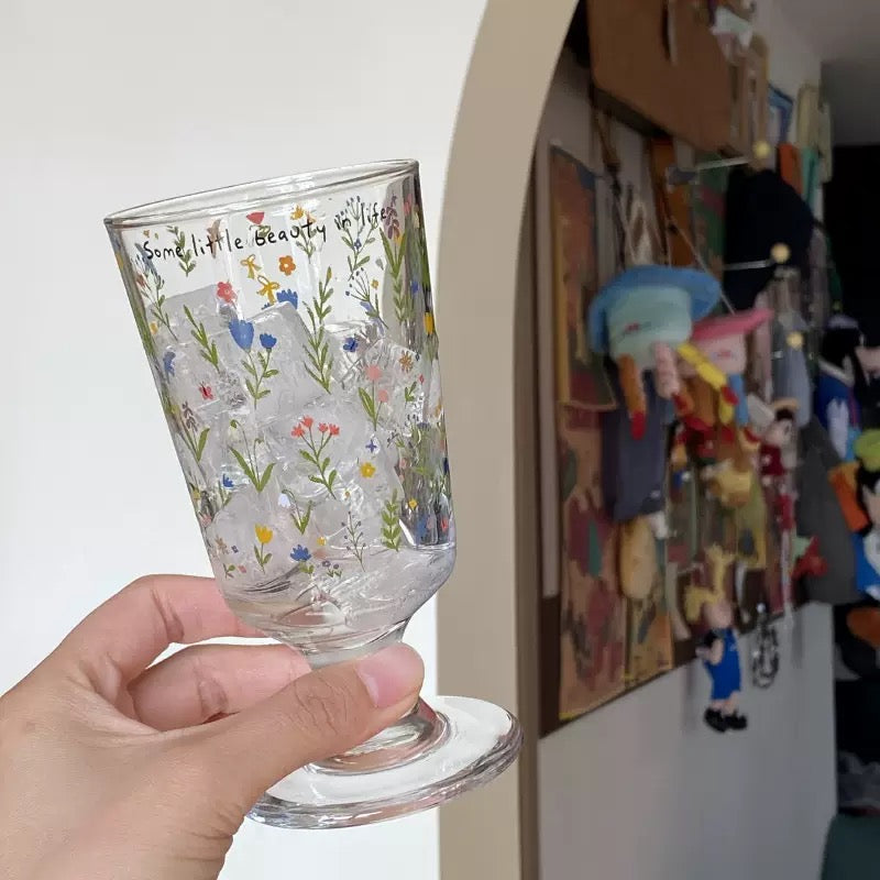 Spring Floral Footed Glass Cup – 250ML Capacity
