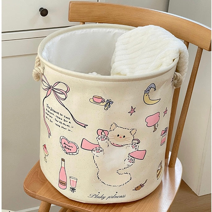 Creamy White Kitty Linen Storage Bag - Foldable, Water-Resistant, Durable for Clothes and Toys