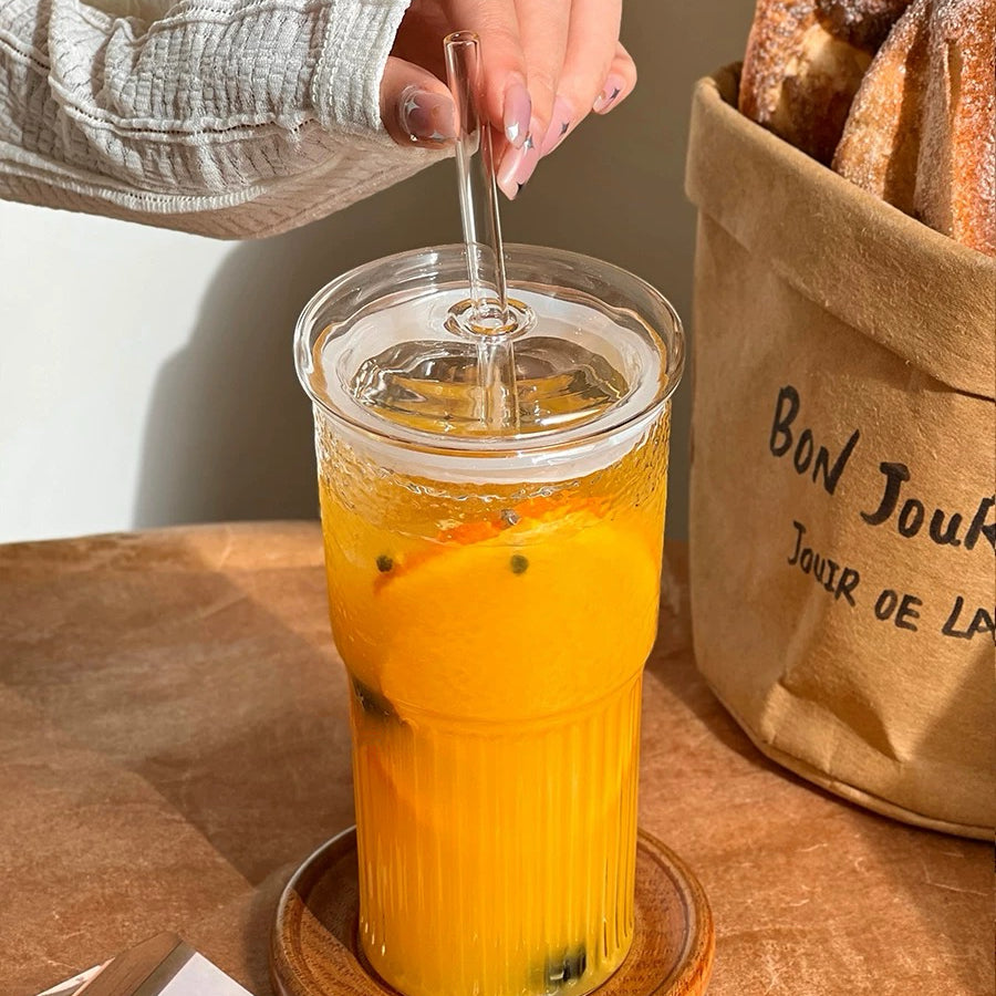 Hammered Texture Glass Cup with Straw, 600ML Capacity