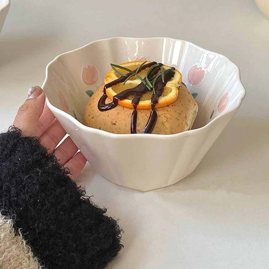Hand-Painted Tulip Ceramic Bowl | 800ML Capacity, Microwave & Dishwasher Safe