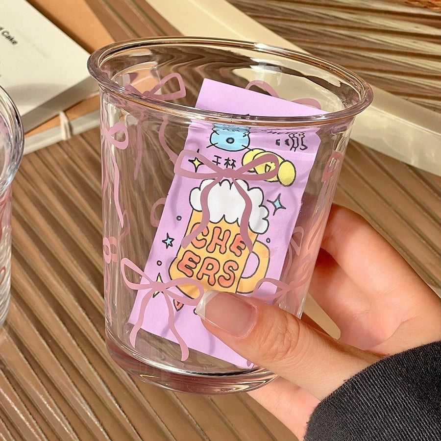 Cute Pink Bow Glass Mug – 380ML Capacity, Ideal for Juice, Milk, and Coffee