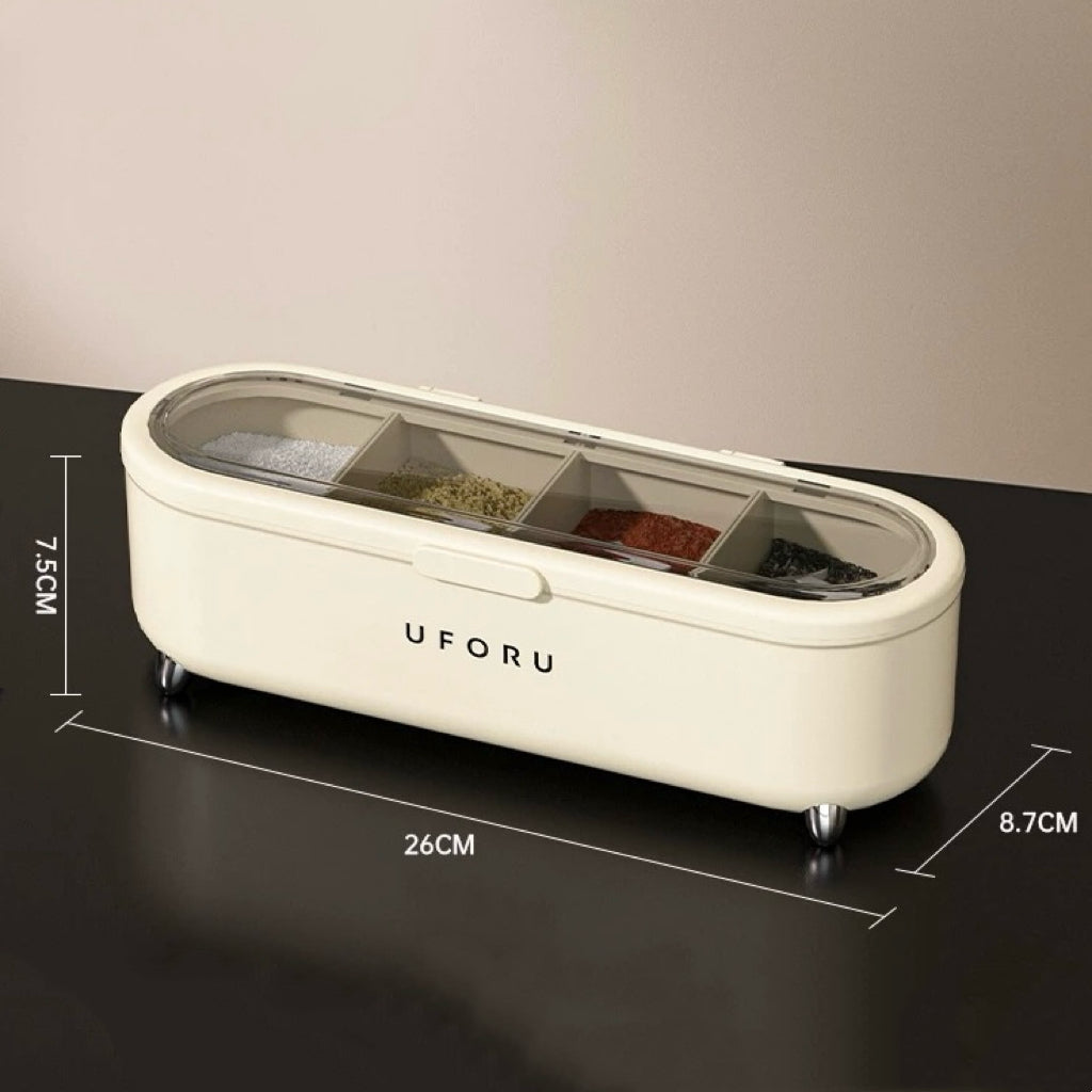 Creamy White Seasoning Storage Box| Food-Grade PP Plastic - 4-Compartment Organizer with Lid and Spoons