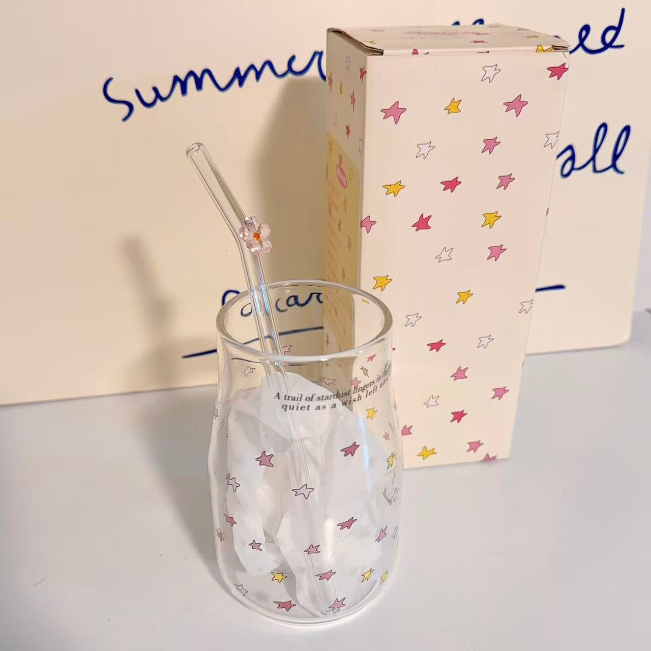 Colorful Star Glass Pitcher with Flower Straw - 450ML