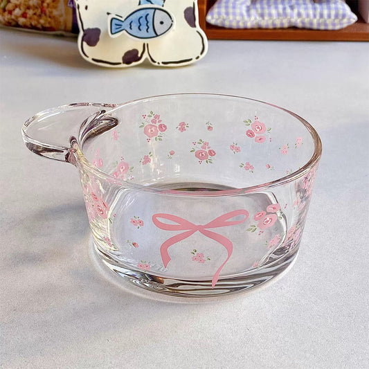 Glass Yogurt Bowl with Handle - Charming Design with Pink Flowers and Bows, Ideal for Yogurt and Salads