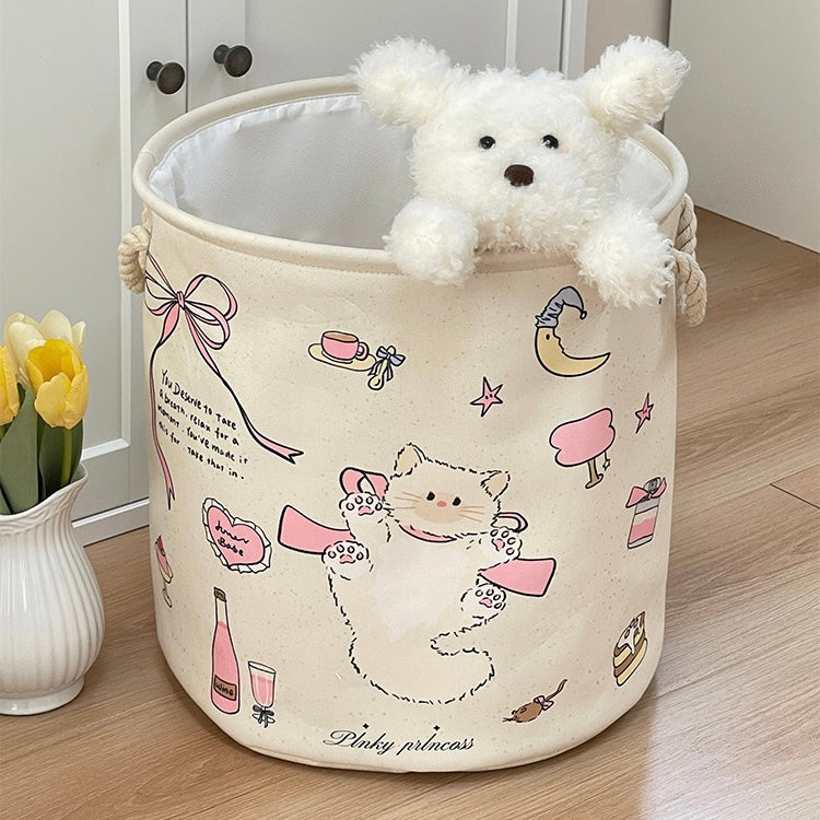 Creamy White Kitty Linen Storage Bag - Foldable, Water-Resistant, Durable for Clothes and Toys