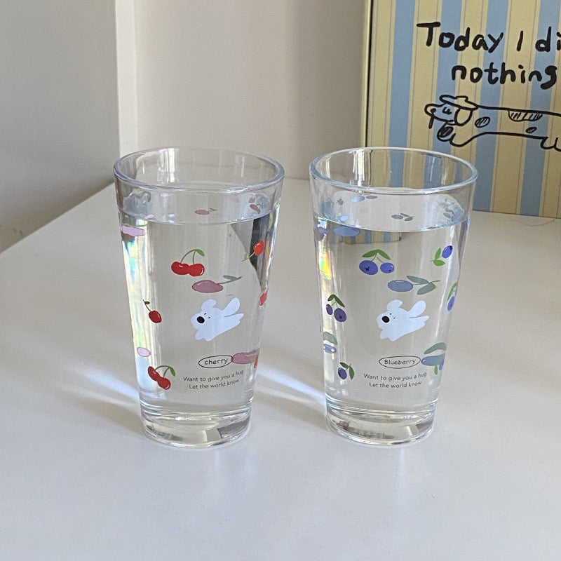 Cherry & Blueberry Puppy Glass Mug – Cute 450ml Large Capacity Drinking Cup