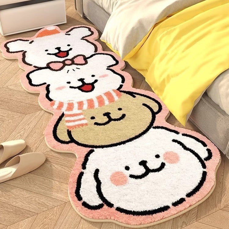 Four Little Dogs Plush Bedside Rug | 50x120cm Ultra-Soft Short Plush Carpet