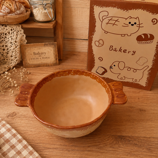 Hand-Painted Caramel Cat Ceramic Bowl with Handles, 500ML