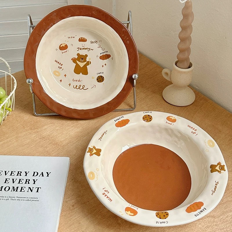 Brown Bear Hand-Pinched Ceramic Plate – 8.25 Inch Deep Dish for Soups and Salads