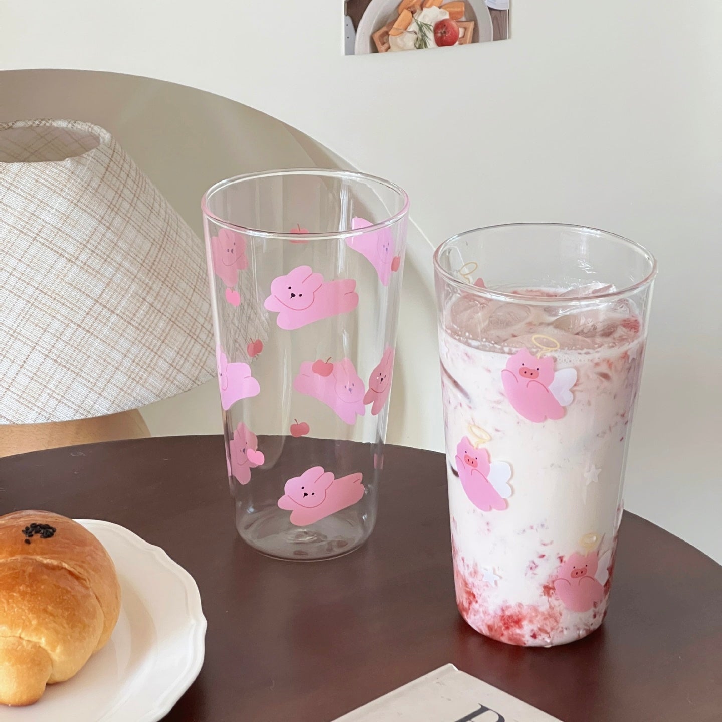 Pink Pig & Bunny Tall Glass Cup – 450ML Capacity