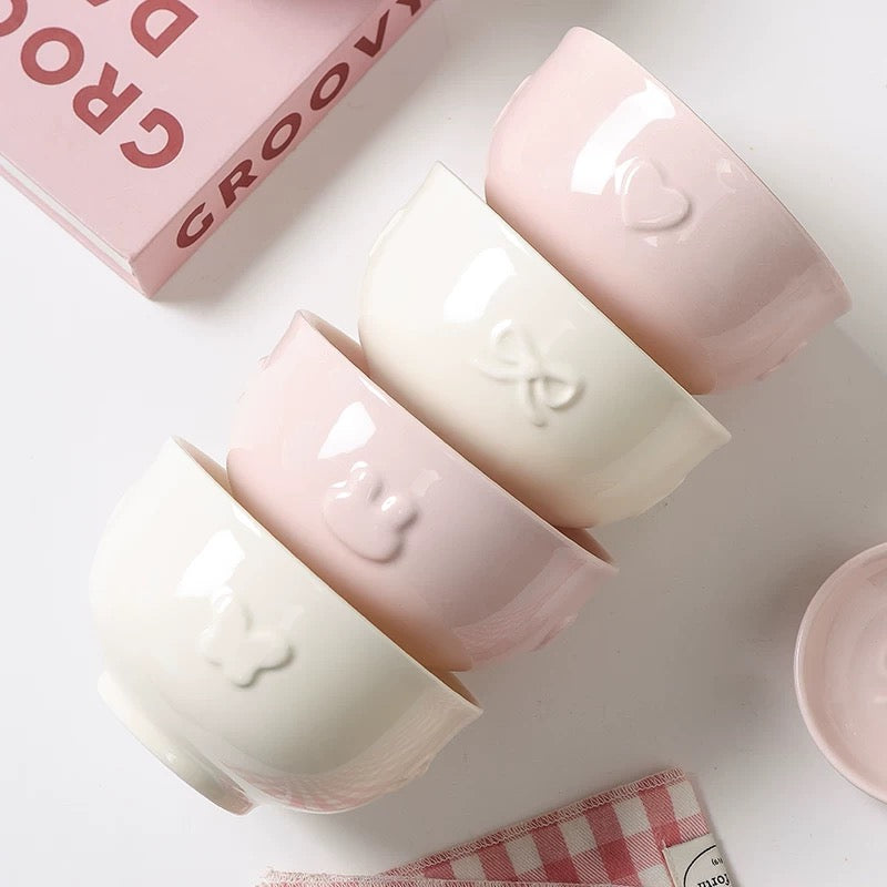 Embossed Bunny Ceramic Dinnerware Set | Pastel Pink & Cream White Tableware