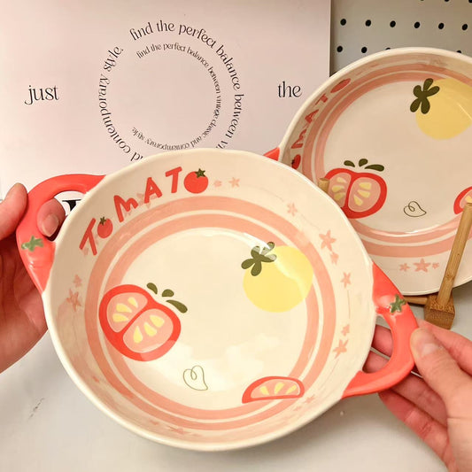 Tomato Double-Handle Ceramic Bowl | Adorable Ramen & Salad Bowl, 1050ML Large Capacity