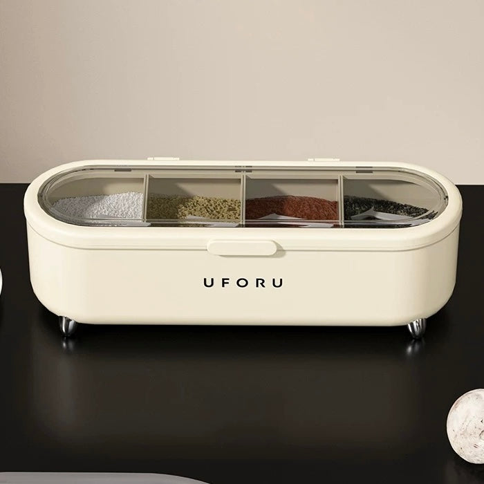 Creamy White Seasoning Storage Box| Food-Grade PP Plastic - 4-Compartment Organizer with Lid and Spoons