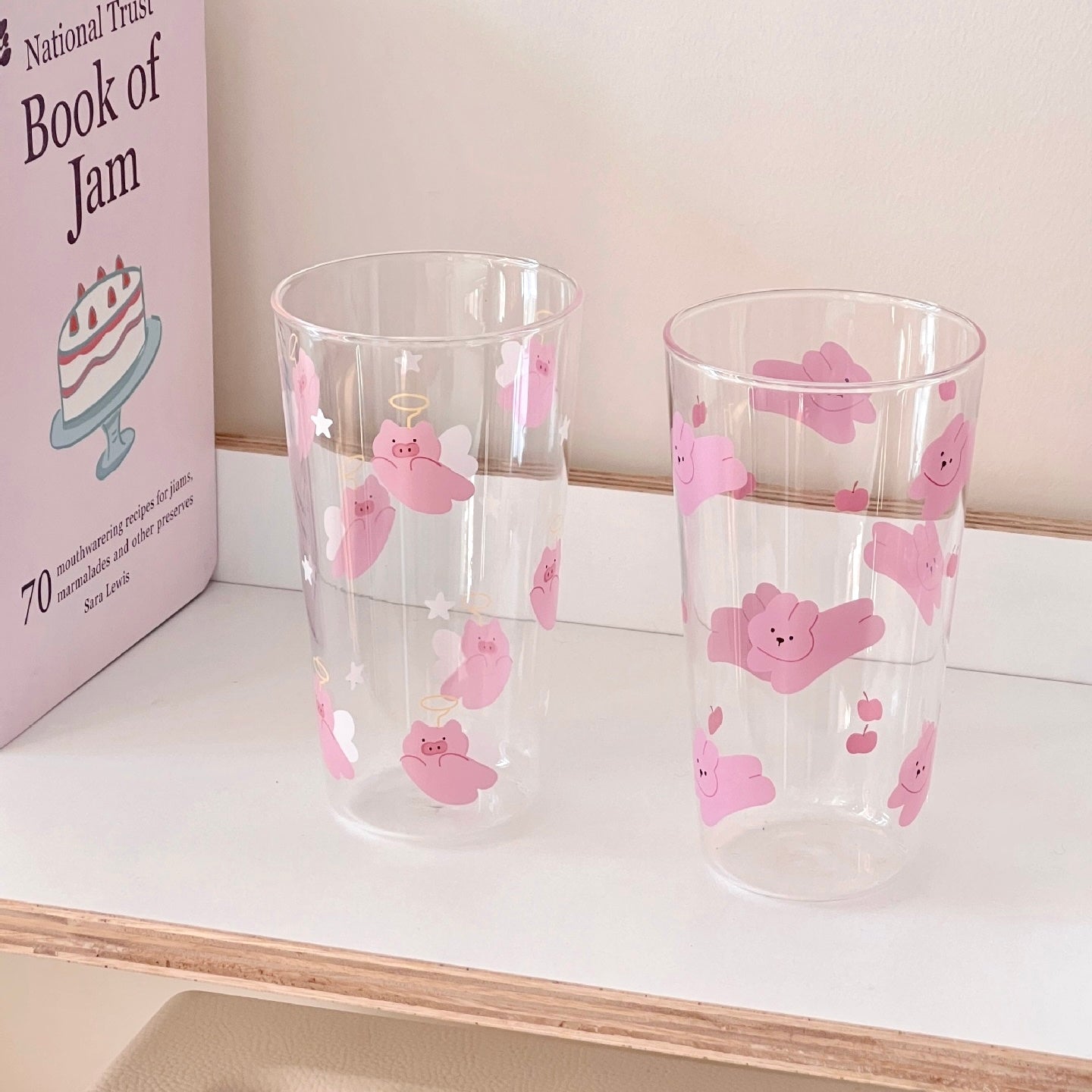 Pink Pig & Bunny Tall Glass Cup – 450ML Capacity