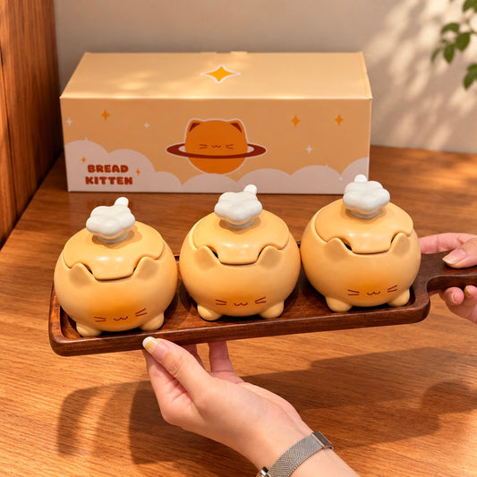 Chef Kitten Ceramic Spice Jar Gift Set with Wooden Tray – Set of 3