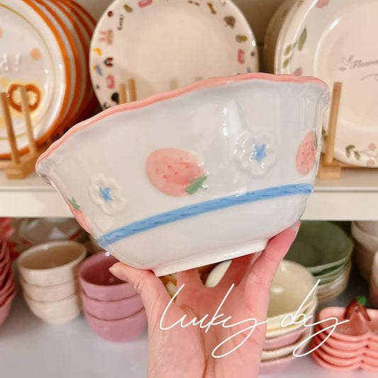 Pink Strawberry Ceramic Large Soup Bowl – 1100ML Capacity