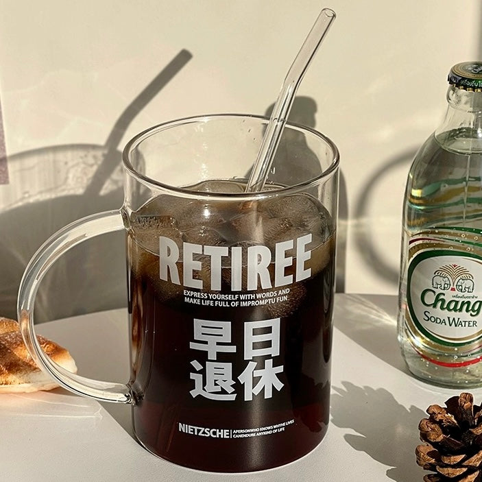 “Retiree” Glass Mug with Straw | Funny Design, 1000ML Capacity