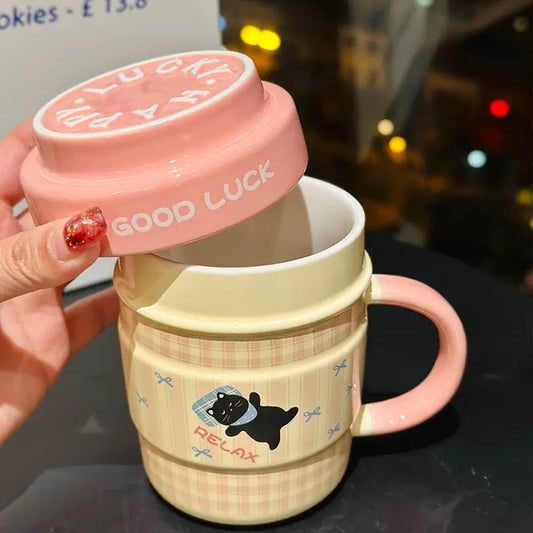 Lucky Black Cat Ceramic Mug with Lid – 420ML Capacity
