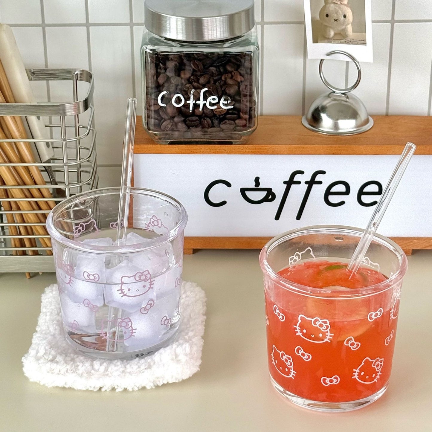 Kitty Short Glass Tumbler with Glass Straw – 400ML