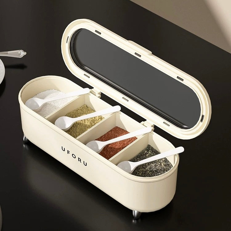 Creamy White Seasoning Storage Box| Food-Grade PP Plastic - 4-Compartment Organizer with Lid and Spoons