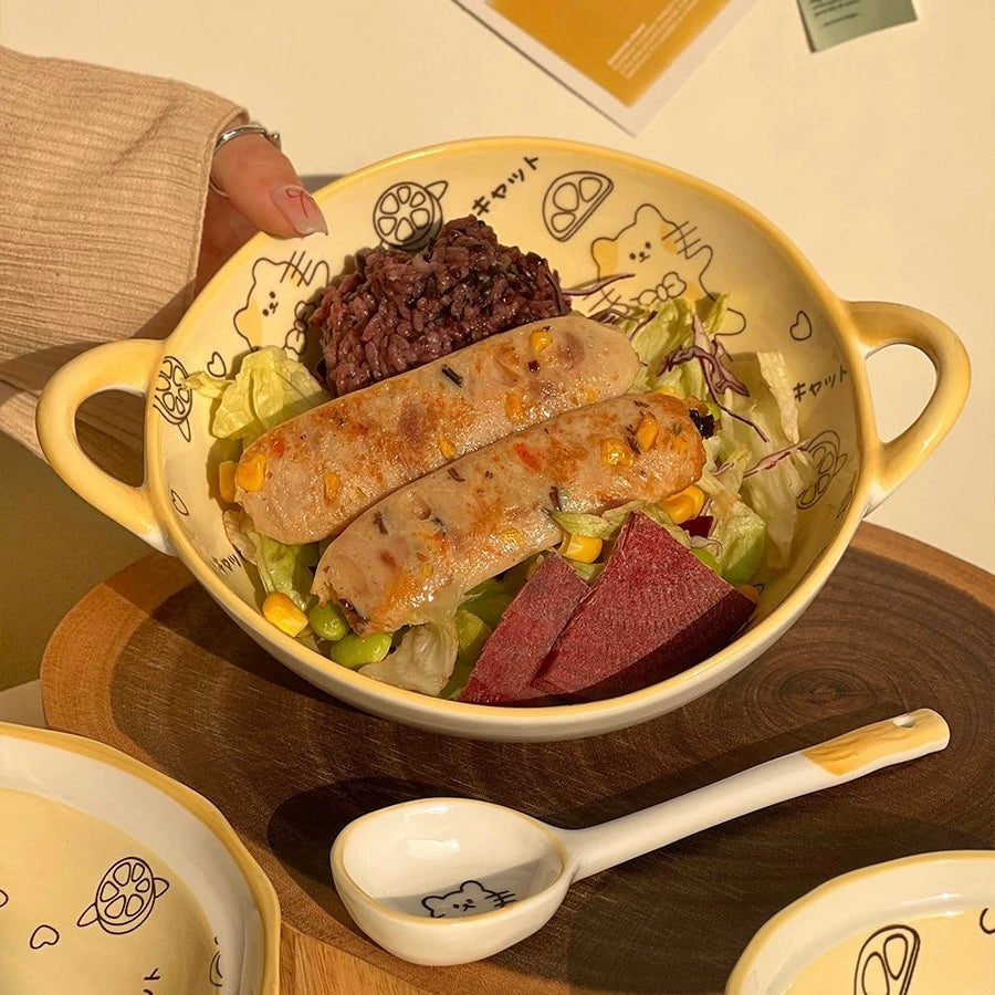 Lemon Cat Double-Handle Ceramic Bowl with Spoon | 800ml Salad & Pasta Bowl