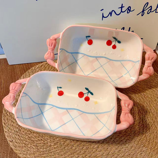 Hand-Painted Pastel Pink Bow Handle Baking Dish, 800ML