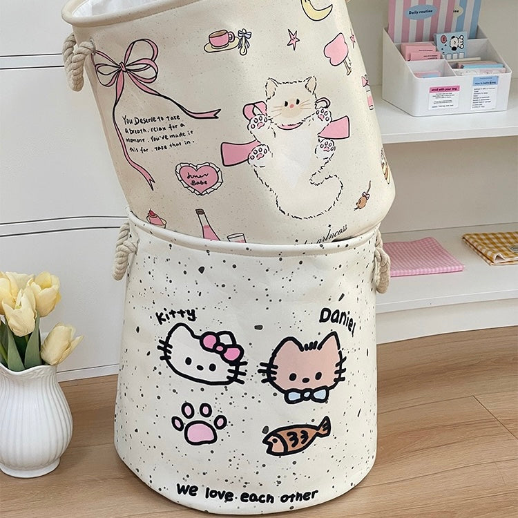 Creamy White Kitty Linen Storage Bag - Foldable, Water-Resistant, Durable for Clothes and Toys