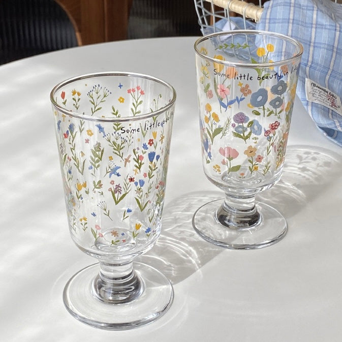 Spring Floral Footed Glass Cup – 250ML Capacity