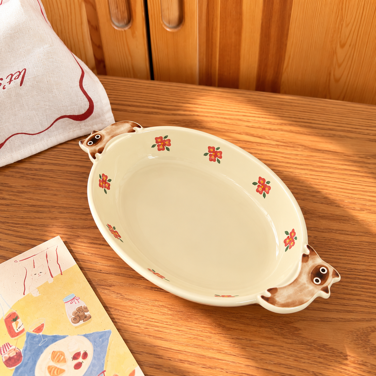 Cats & Flowers Ceramic Oval Dessert Plate with Handles, 8-Inch