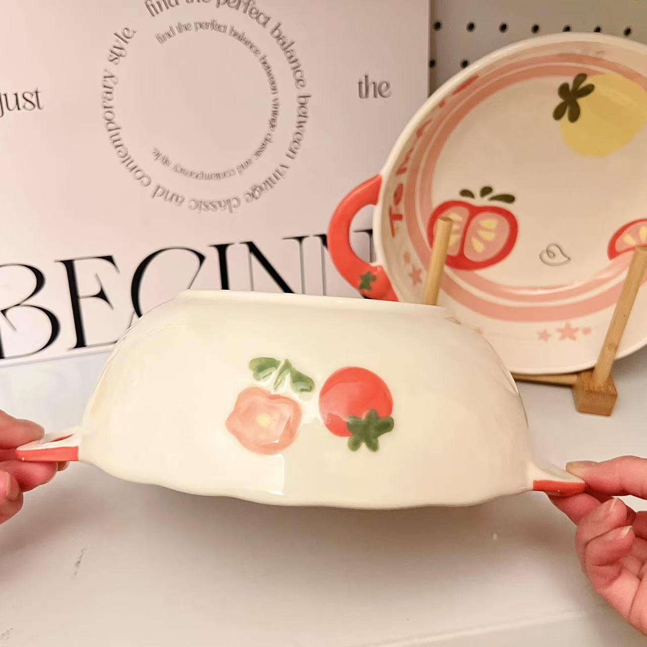 Tomato Double-Handle Ceramic Bowl | Adorable Ramen & Salad Bowl, 1050ML Large Capacity