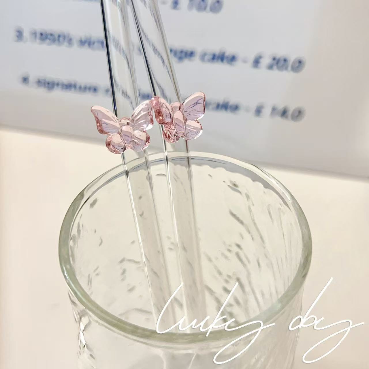 Reusable Pink Butterfly Glass Straw