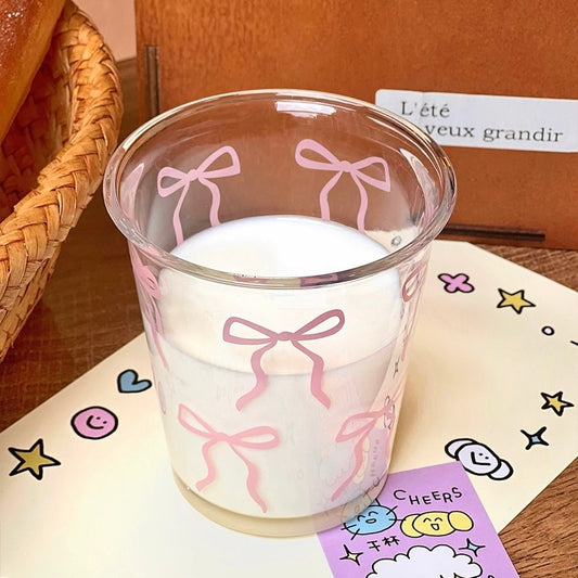 Cute Pink Bow Glass Mug – 380ML Capacity, Ideal for Juice, Milk, and Coffee