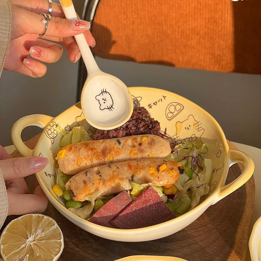 Lemon Cat Double-Handle Ceramic Bowl with Spoon | 800ml Salad & Pasta Bowl
