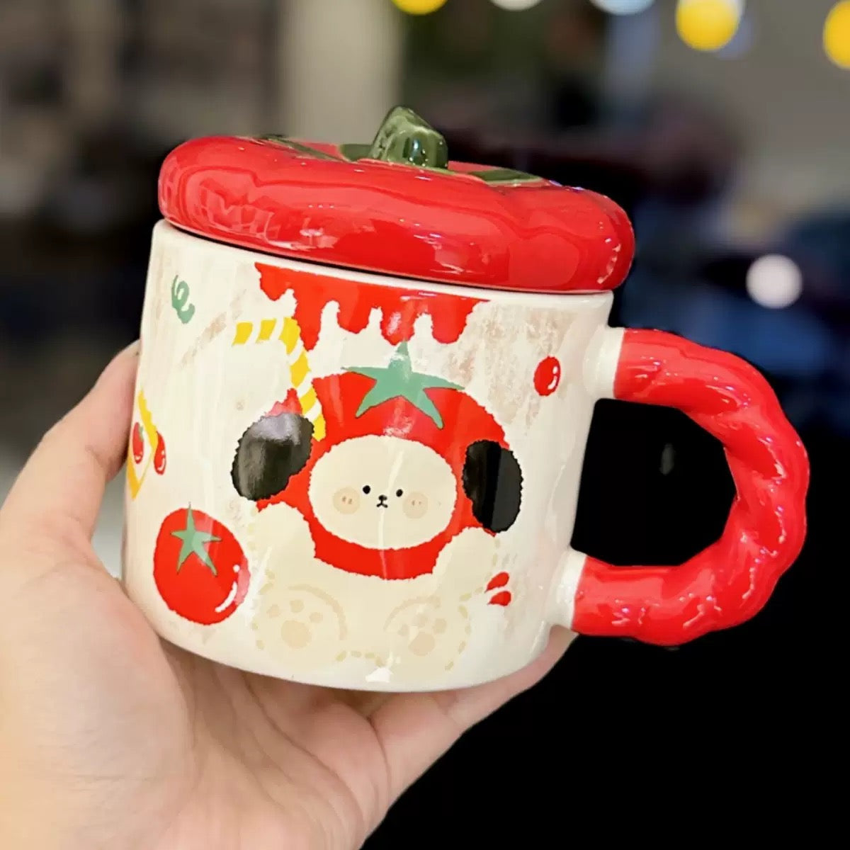 Tomato Lid Ceramic Mug with Cute Animal Design – 350ML
