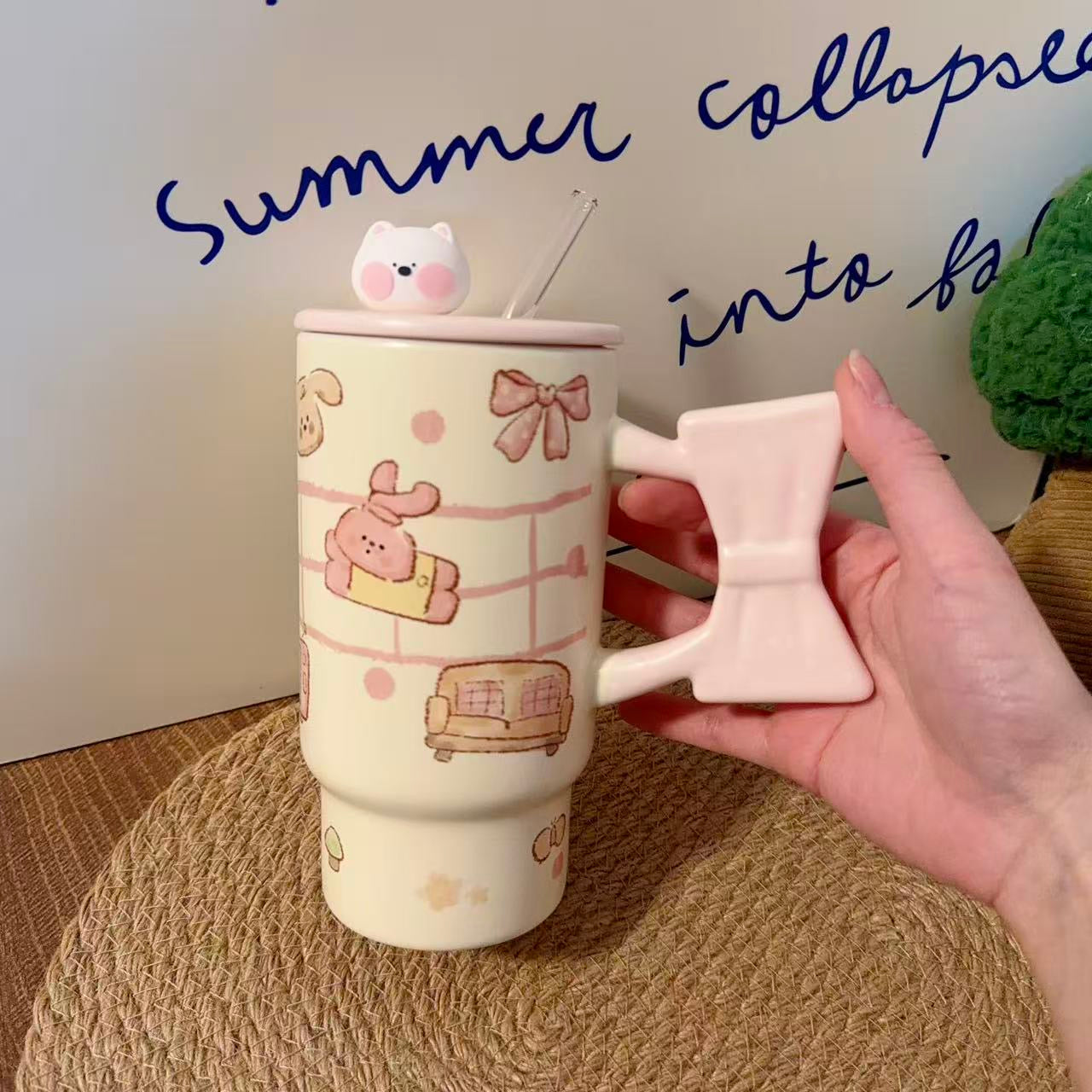 Bow Bunny Ceramic Mug with Straw & Lid - 400ML / 600ML