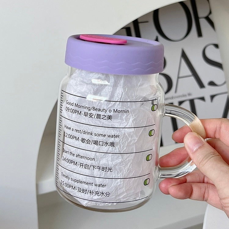 Time-Marked Glass Cup with Lid and Straw, 800ML Capacity
