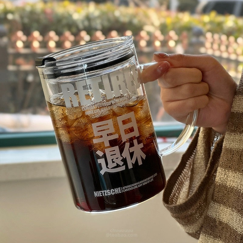 “Retiree” Glass Mug with Straw | Funny Design, 1000ML Capacity