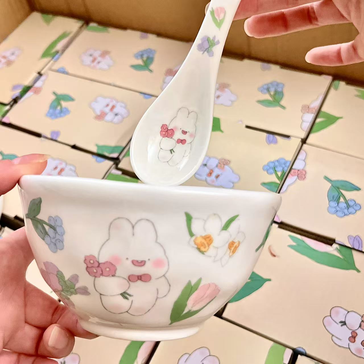 Handcrafted Bunny Ceramic Bowl & Spoon Set – 5.3” with Gift Box